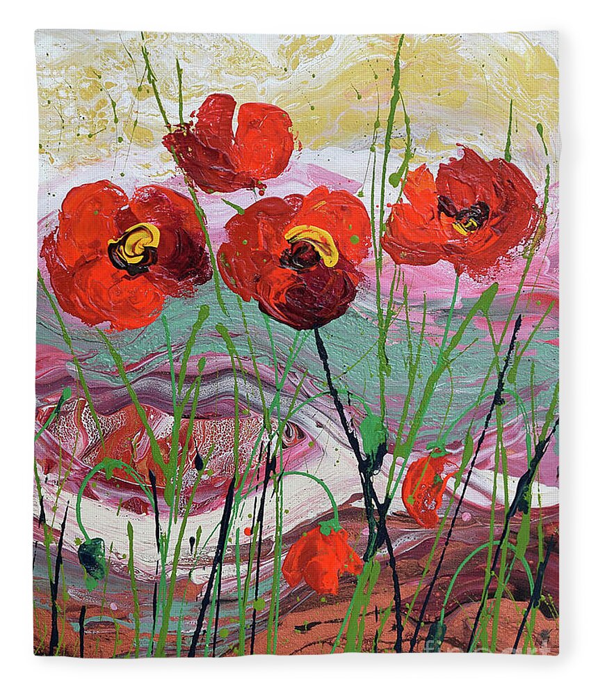 Wild Poppies - Triptych Fleece Blanket featuring the painting Wild Poppies - 3 by Jyotika Shroff