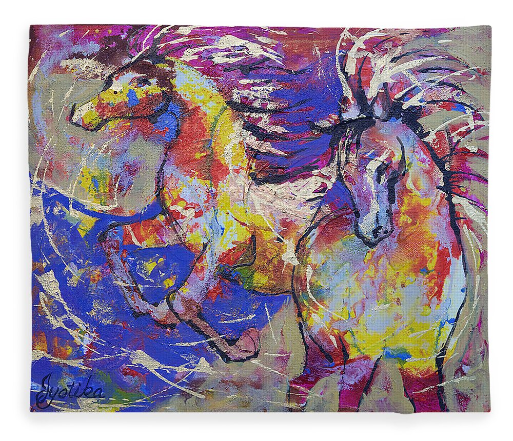 Horses Fleece Blanket featuring the painting Wild Runners by Jyotika Shroff