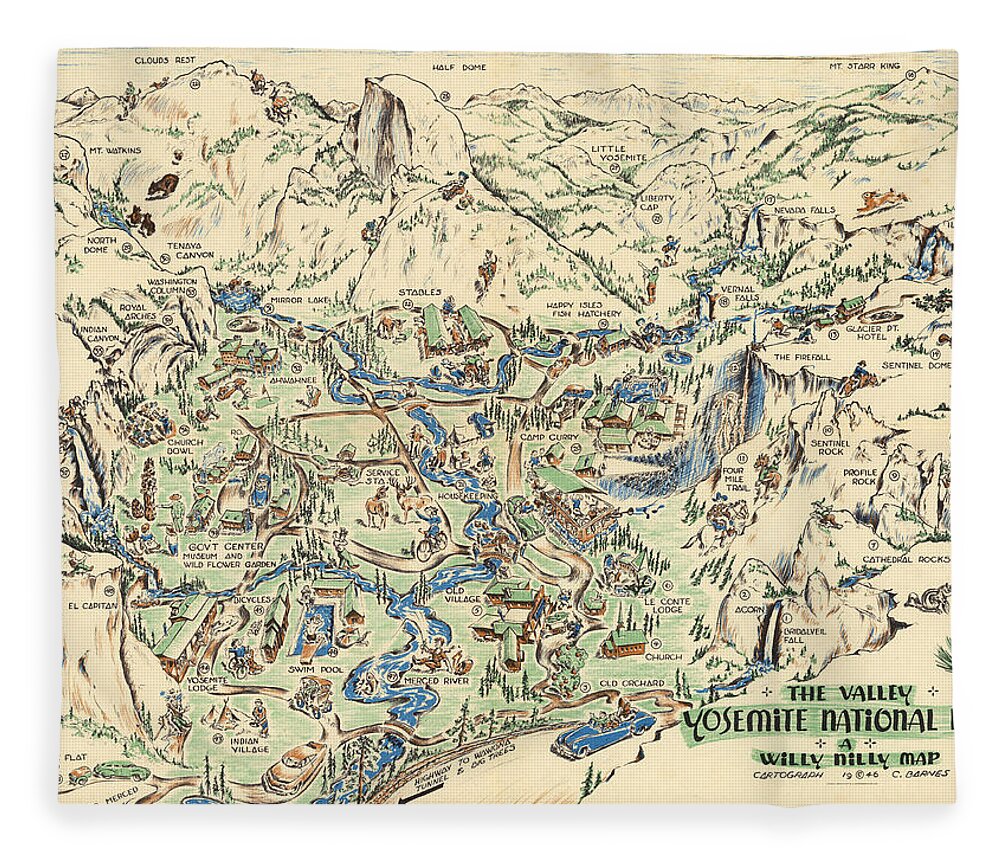 Willy Nilly Map - The Valley -Yosemite National Park - Vintage Illustrated  Map - Cartoon Vignettes Fleece Blanket by Studio Grafiikka - Pixels