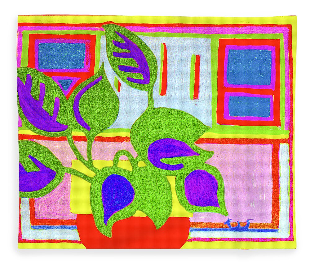 House Plant Fleece Blanket featuring the painting Window Plant by Rod Whyte