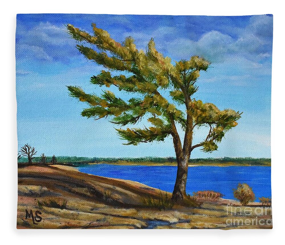 Windswept Fleece Blanket featuring the painting Windswept Tree by Monika Shepherdson