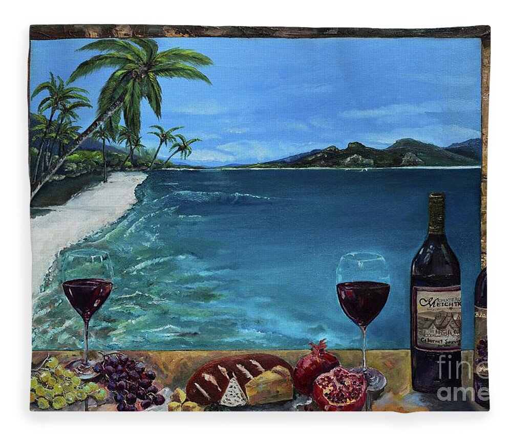 Wine Fleece Blanket featuring the painting Wine Thirty - Oceanside by Jan Dappen