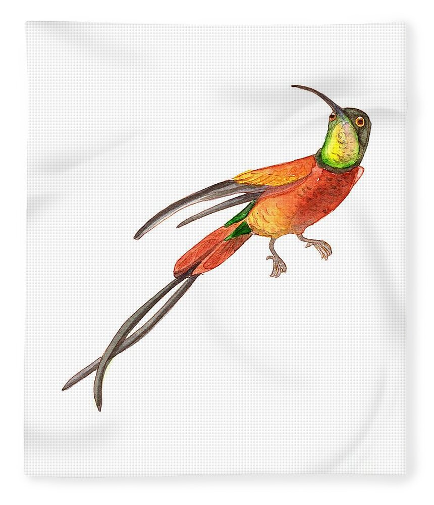 Tropical Fleece Blanket featuring the painting Winged Jewel 6, Watercolor Tropical Rainforest Hummingbird Red, Yellow, Orange and Green by Audrey Jeanne Roberts