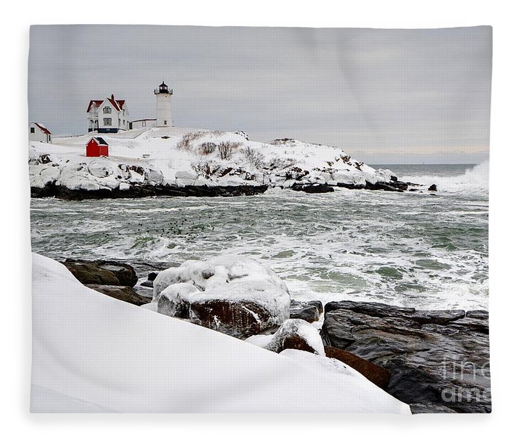 Nubble Lighthouse Fleece Blanket featuring the photograph Winter at the Nubble by Steve Brown