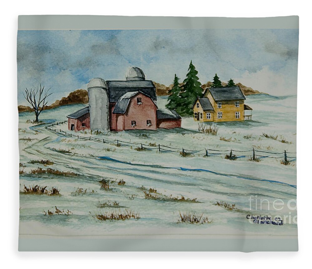 Winter Scene Paintings Fleece Blanket featuring the painting Winter Down On The Farm by Charlotte Blanchard