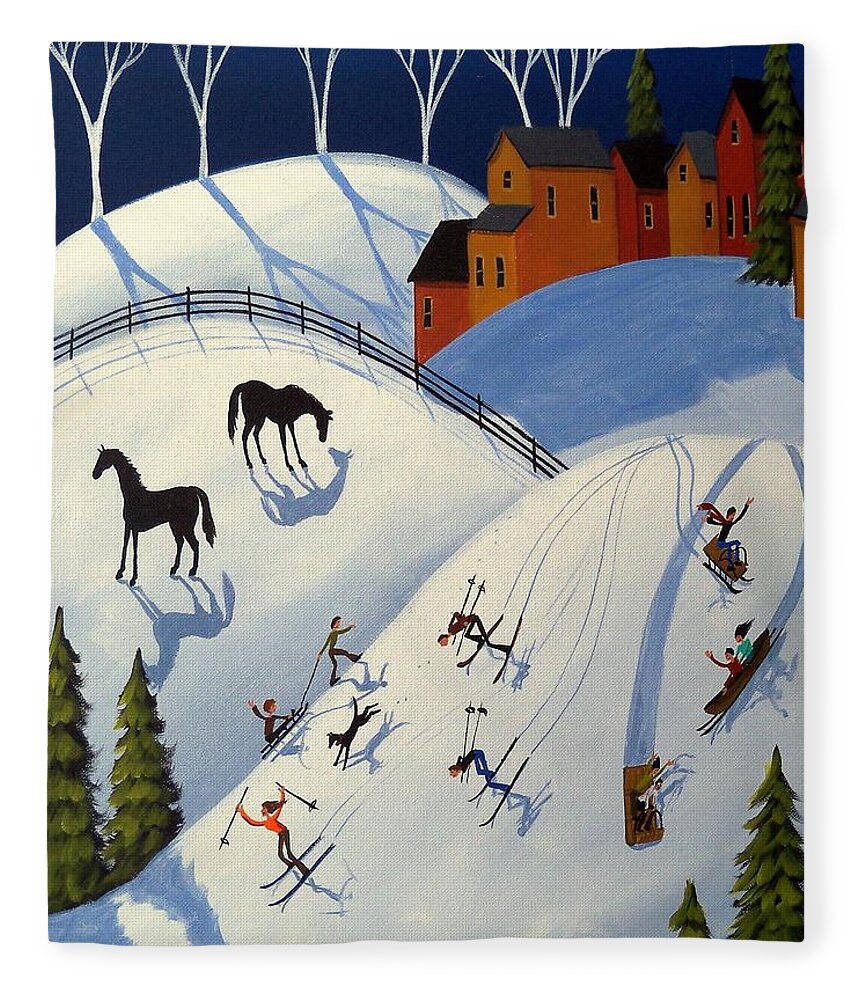 Folk Art Fleece Blanket featuring the painting Winter Fun Day - folk art landscape by Debbie Criswell