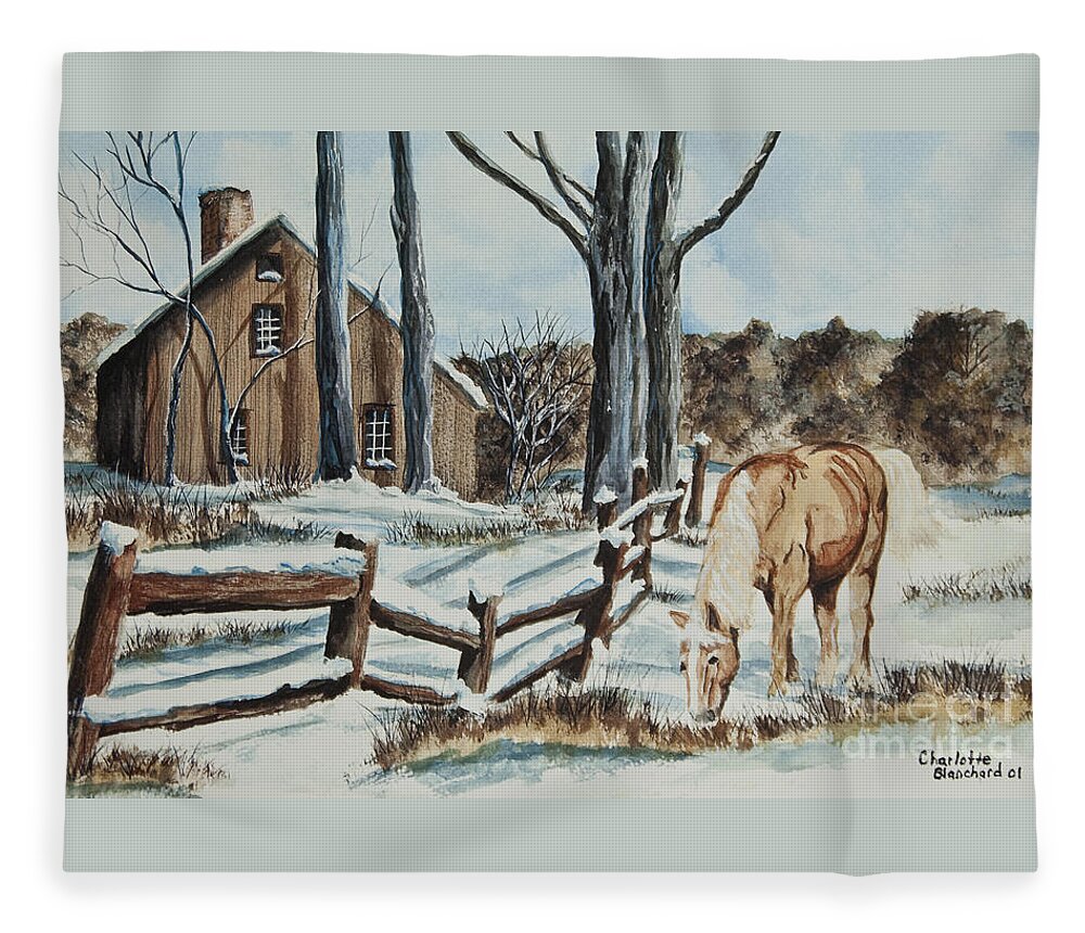Horse Fleece Blanket featuring the painting Winter Grazing by Charlotte Blanchard