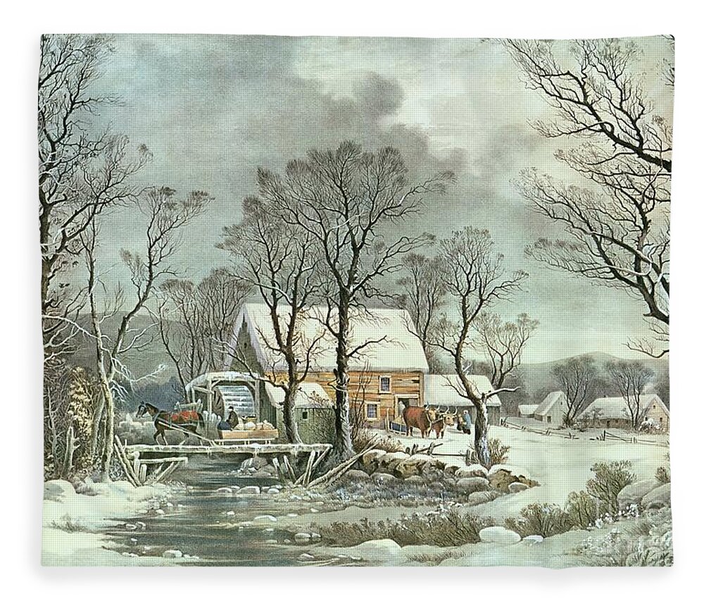 Winter In The Country - The Old Grist Mill Fleece Blanket featuring the painting Winter in the Country - the Old Grist Mill by Currier and Ives
