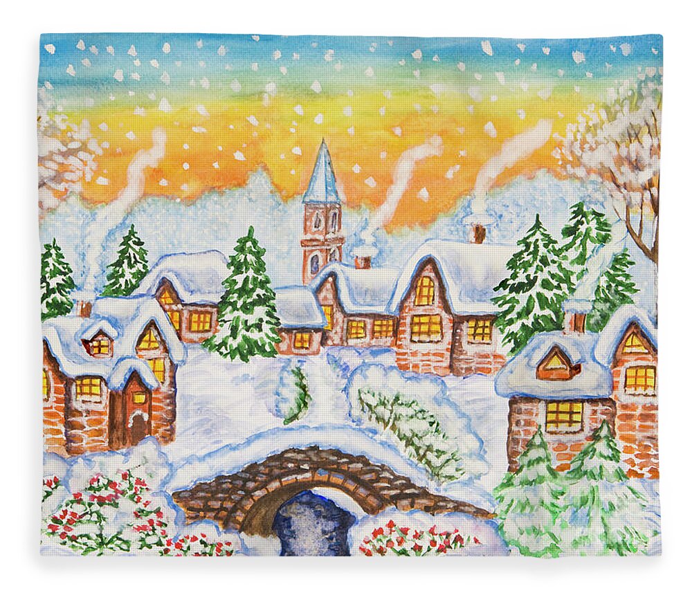 Winter Fleece Blanket featuring the painting Winter landscape with bridge by Irina Afonskaya