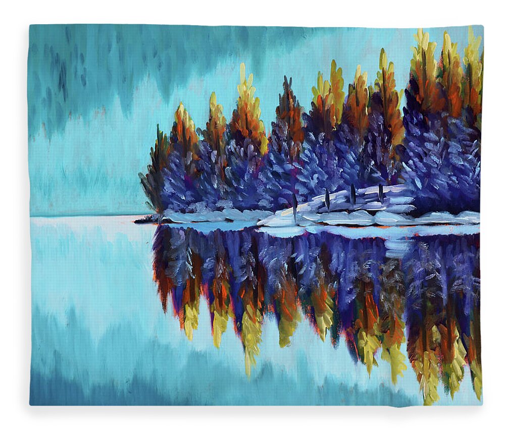 Winter Fleece Blanket featuring the painting Winter - Mountain Lake by Kevin Hughes