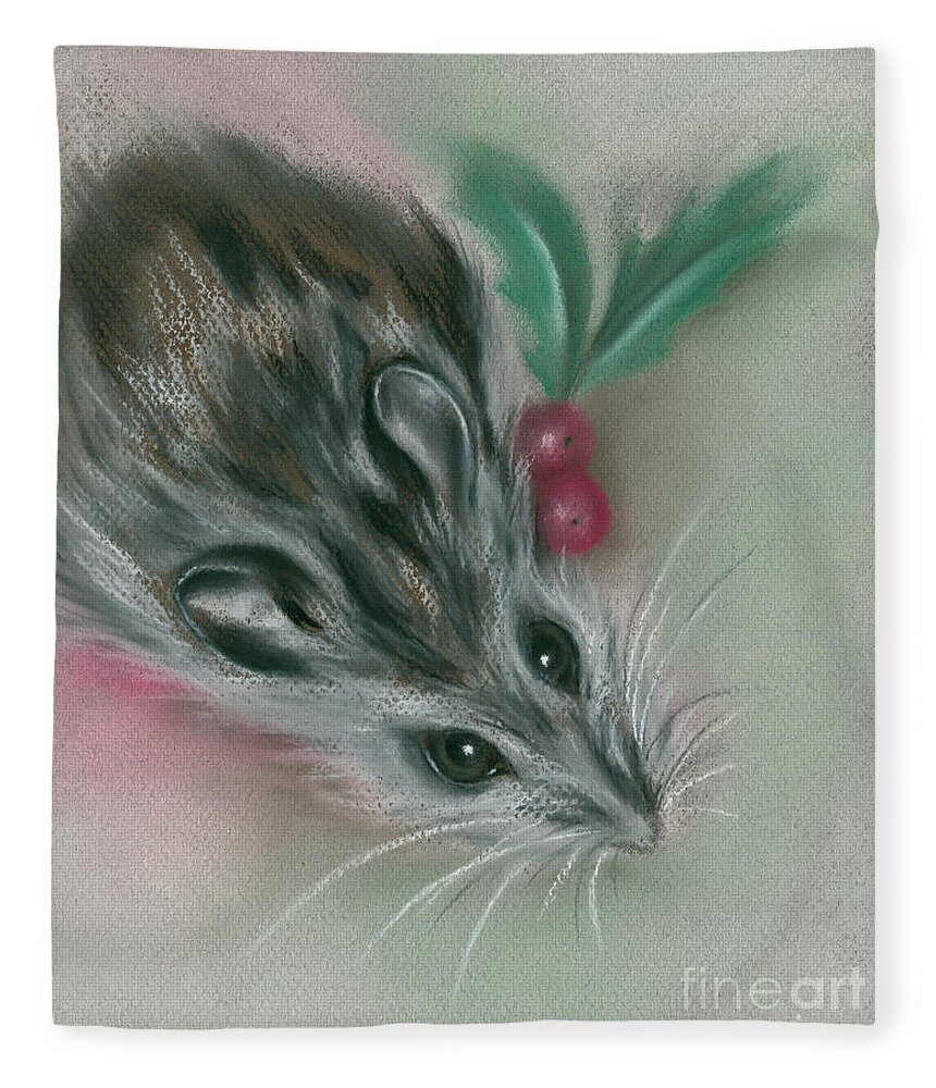 Animal Fleece Blanket featuring the painting Winter Mouse with Holly by MM Anderson