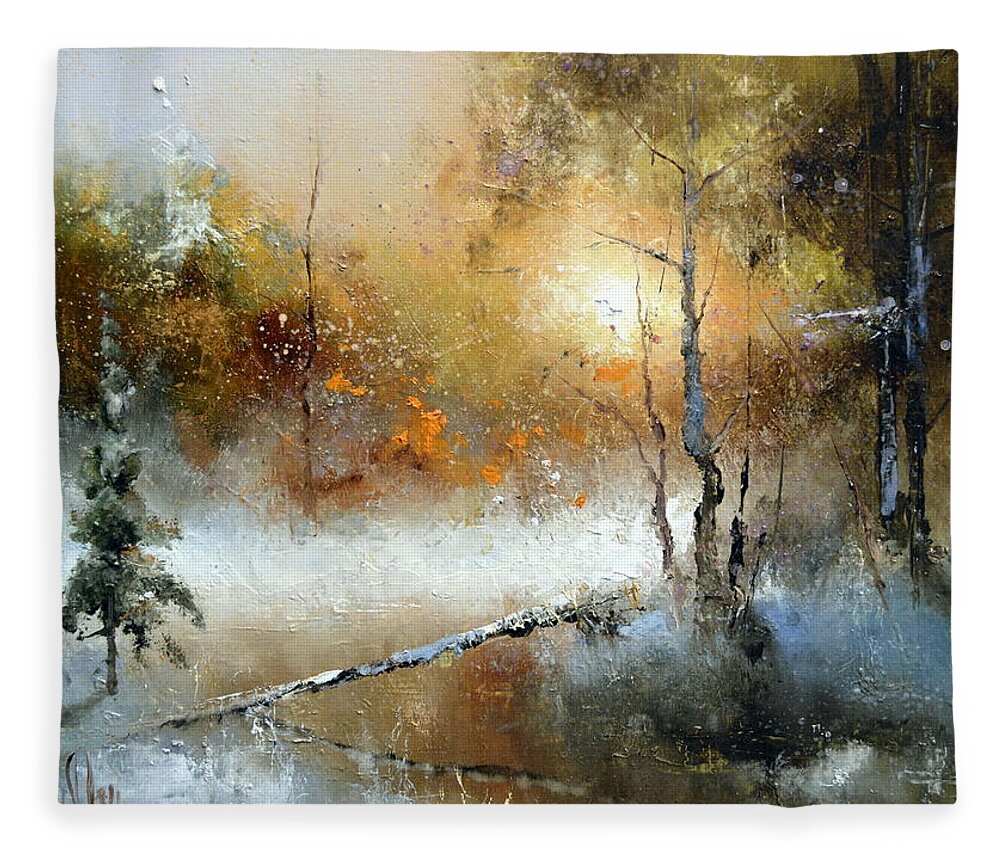 Russian Artists New Wave Fleece Blanket featuring the painting Winter Sunset by Igor Medvedev