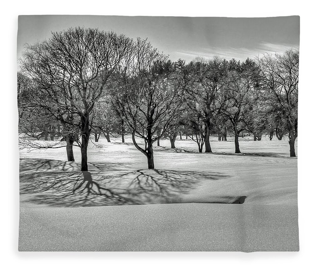 Winter Trees Shadows Snow Black White B&w Fleece Blanket featuring the photograph Winter Trees by Wayne Marshall Chase