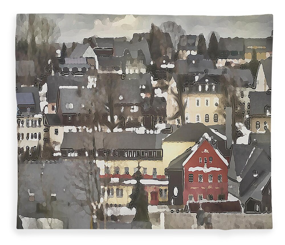 Folk Art Fleece Blanket featuring the mixed media Winter Village with Red House by Shelli Fitzpatrick