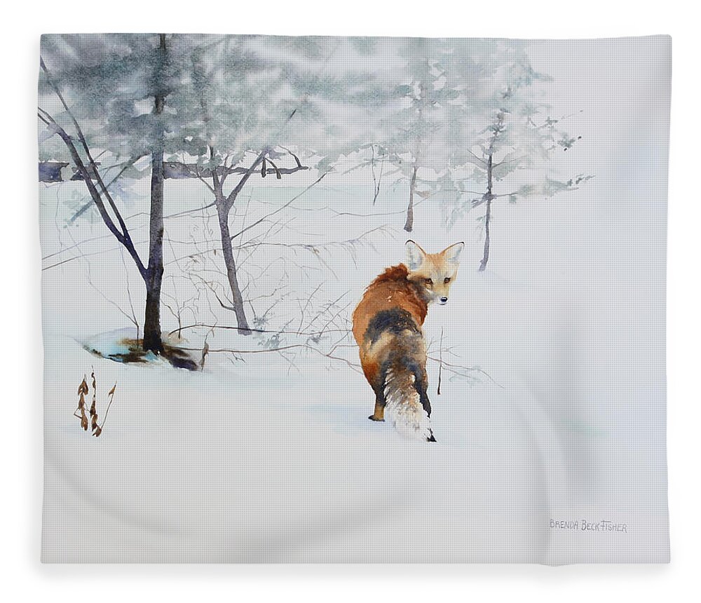 Fox Fleece Blanket featuring the painting Winter Visitor by Brenda Beck Fisher