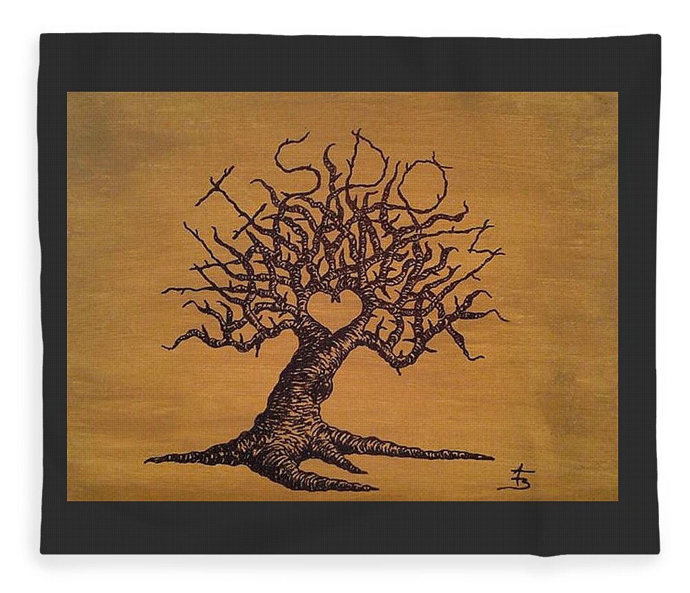 Wisdom Fleece Blanket featuring the drawing Wisdom Love Tree by Aaron Bombalicki