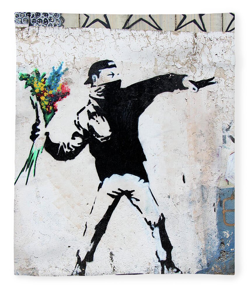 Banksy Replica Fleece Blanket featuring the photograph With Love and Flowers by Munir Alawi