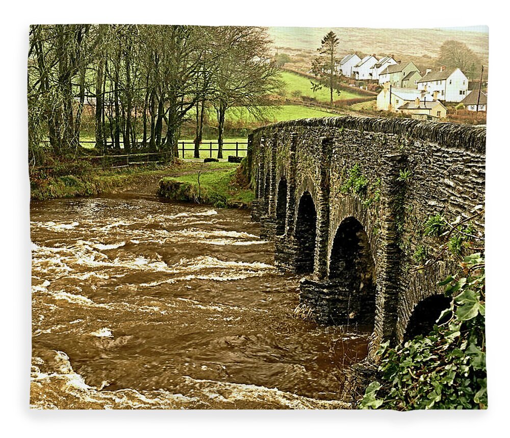 Rivers Fleece Blanket featuring the photograph Withypool Bridge in Flood by Richard Denyer