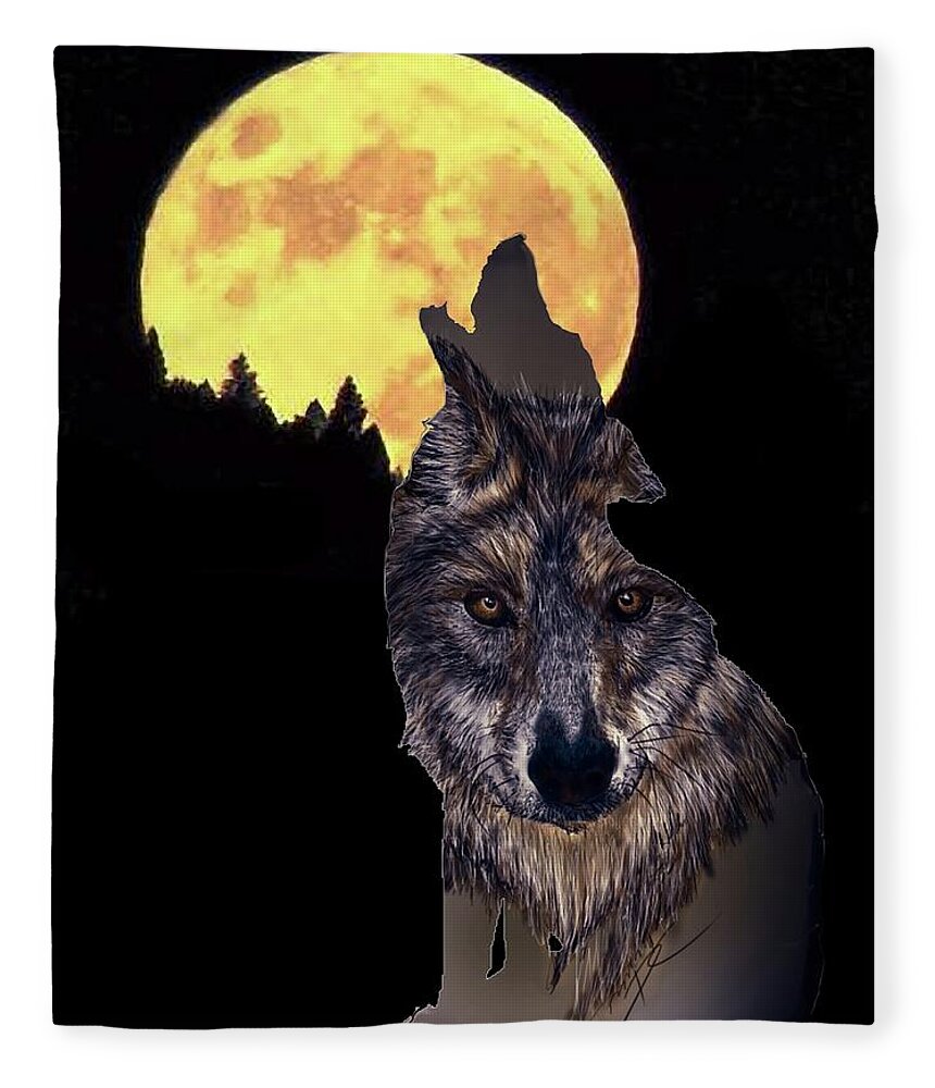 Wolf Fleece Blanket featuring the digital art Wolf howling at the moon by Darren Cannell