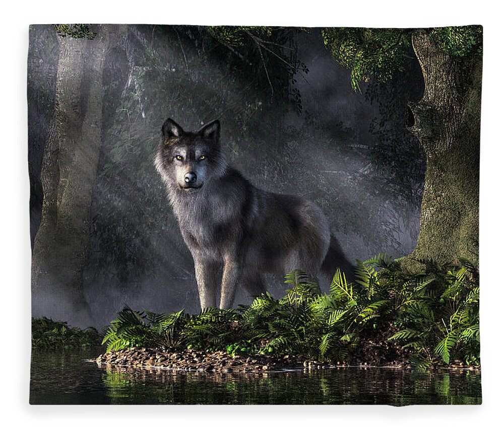 Spirit Of The Forest Fleece Blanket featuring the digital art Wolf in the Forest by Daniel Eskridge