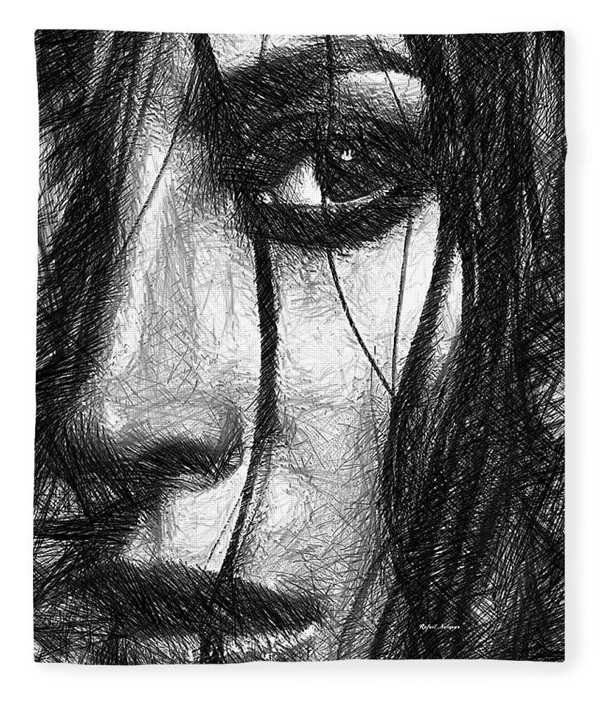 Female Fleece Blanket featuring the digital art Woman Sketch in Black and White by Rafael Salazar