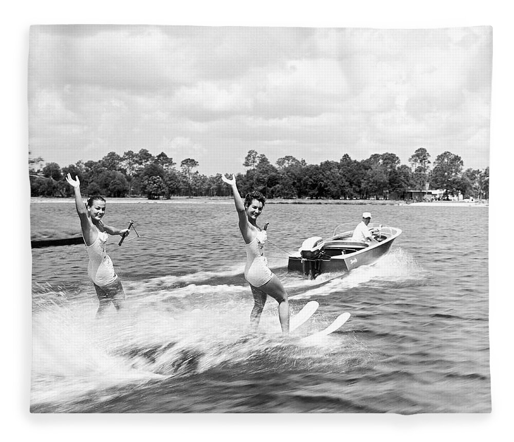 1950s Fleece Blanket featuring the photograph Women Water Skiers Waving by Underwood Archives
