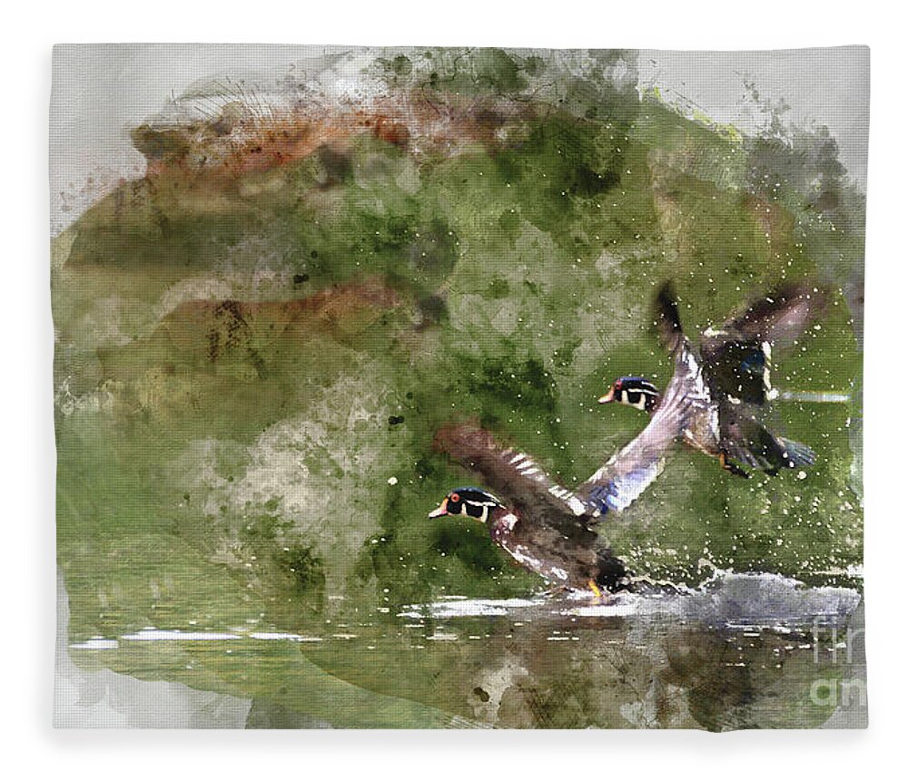Animal Watercolor Fleece Blanket featuring the digital art Wood Ducks in Flight by Kathy Kelly
