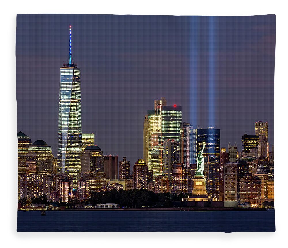 September 11 Fleece Blanket featuring the photograph World Trade Center WTC Tribute In Light Memorial by Susan Candelario
