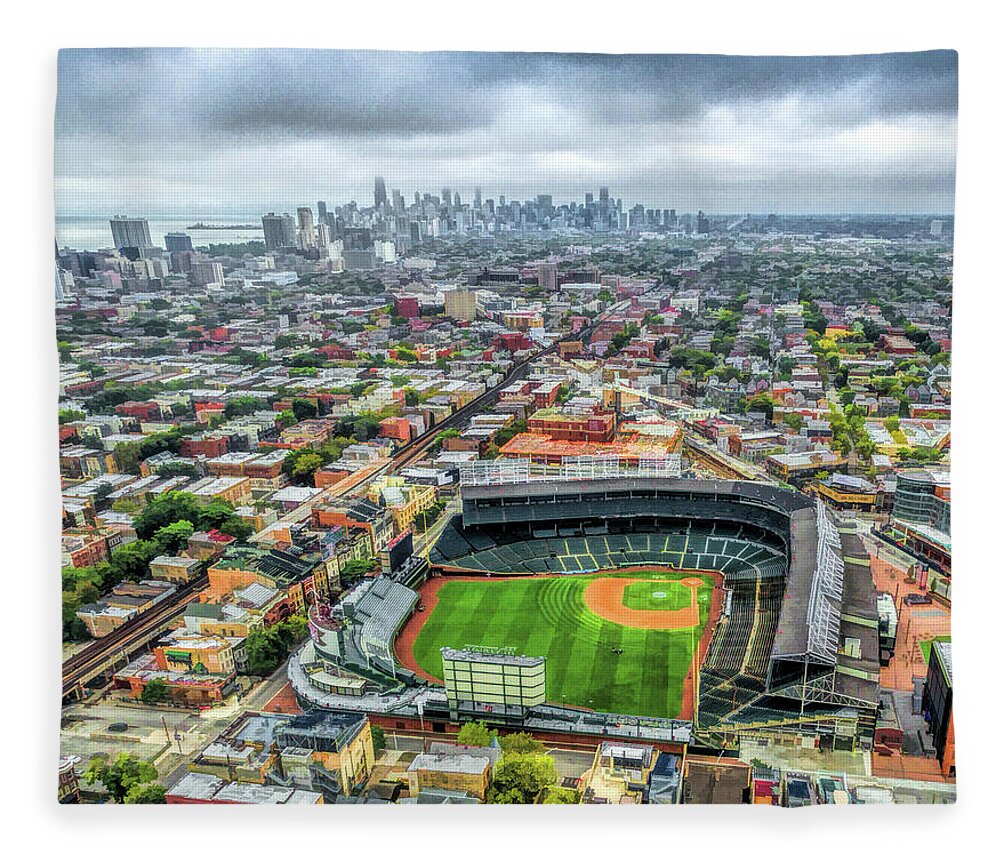 Chicago Fleece Blanket featuring the painting Wrigley Field Chicago Skyline by Christopher Arndt