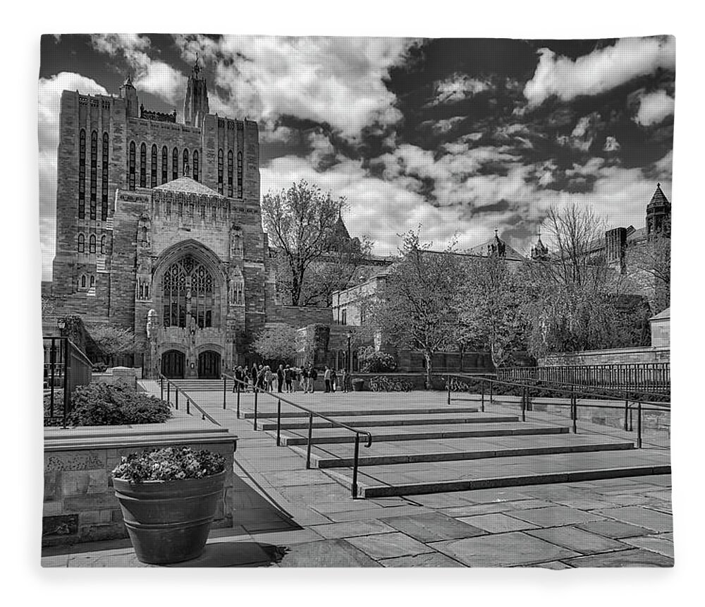 Yale University Fleece Blanket featuring the photograph Yale University Sterling Library II BW by Susan Candelario
