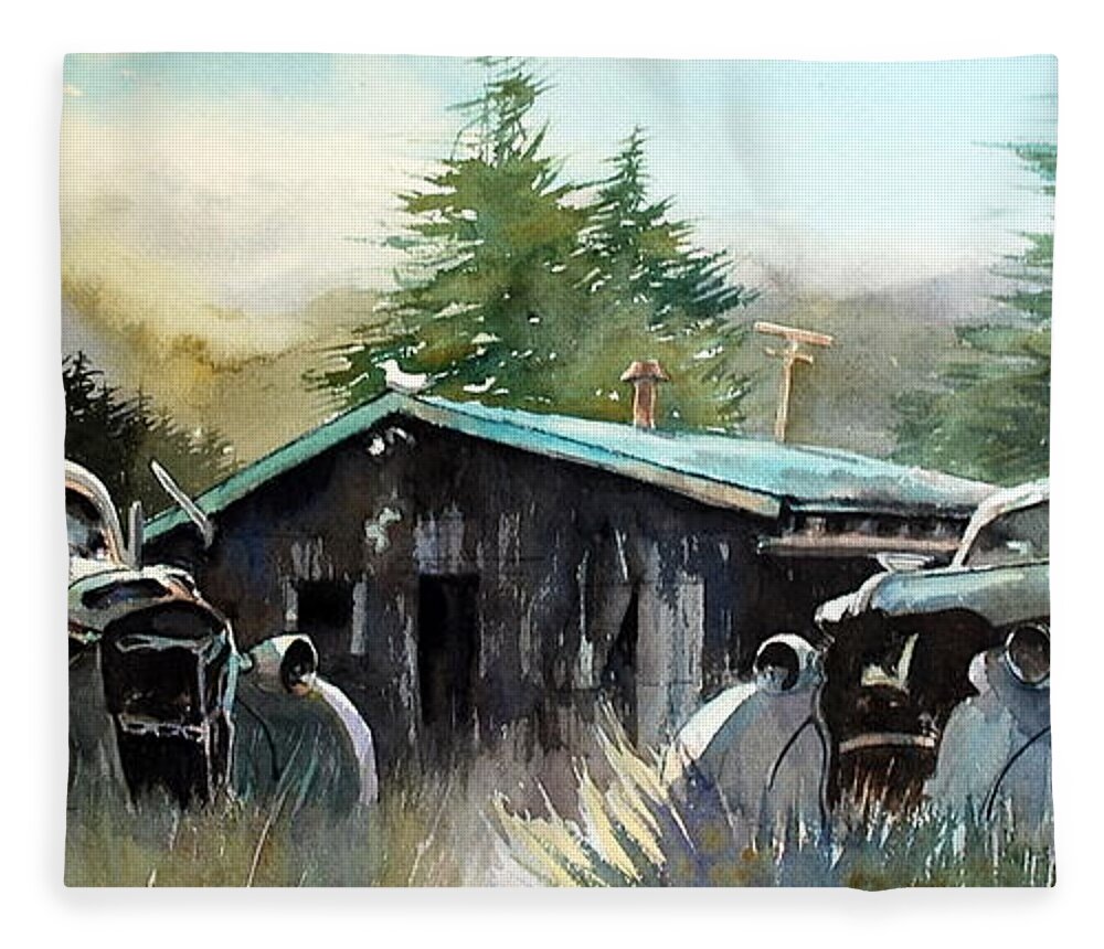 Rusty Cars Fleece Blanket featuring the painting Yard Mates by Ron Morrison
