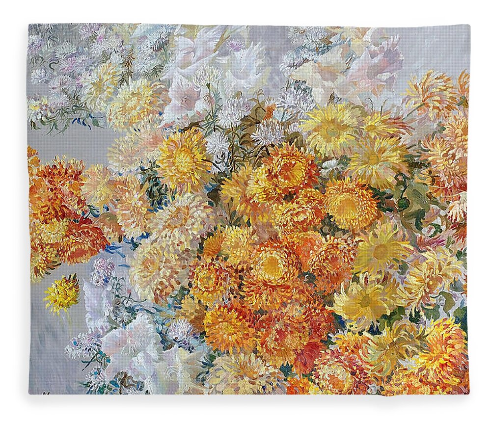 Maya Gusarina Fleece Blanket featuring the painting Yellow Chrysanthemum by Maya Gusarina