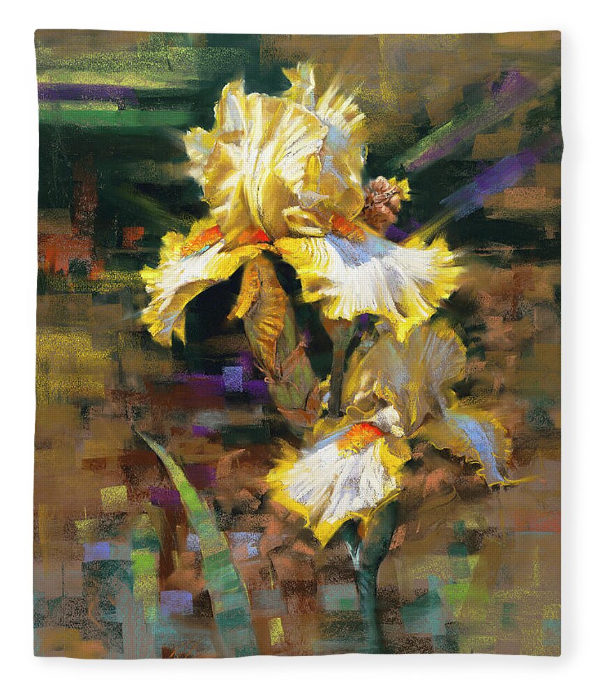 Mark Mille Fleece Blanket featuring the pastel Yellow Iris II by Mark Mille