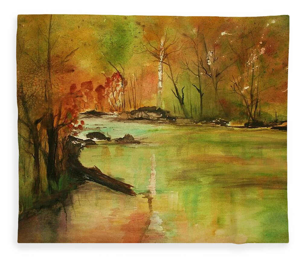 Landscape Paintings. Nature Fleece Blanket featuring the painting Yellow Medicine river by Julie Lueders 