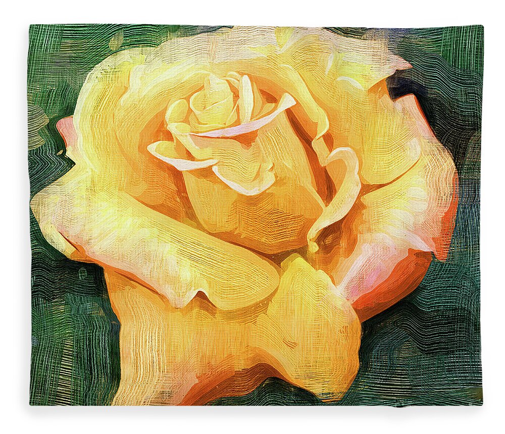 Rose Fleece Blanket featuring the digital art Yellow Rose Bloom In Oil by Kirt Tisdale