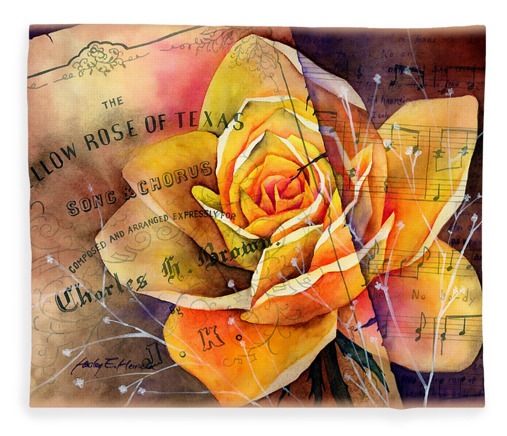 Rose Fleece Blanket featuring the painting Yellow Rose of Texas by Hailey E Herrera