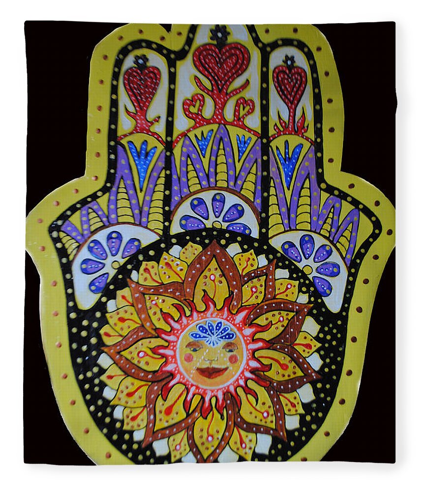 Yellow Hamsa Fleece Blanket featuring the painting Yellow Sun by Patricia Arroyo