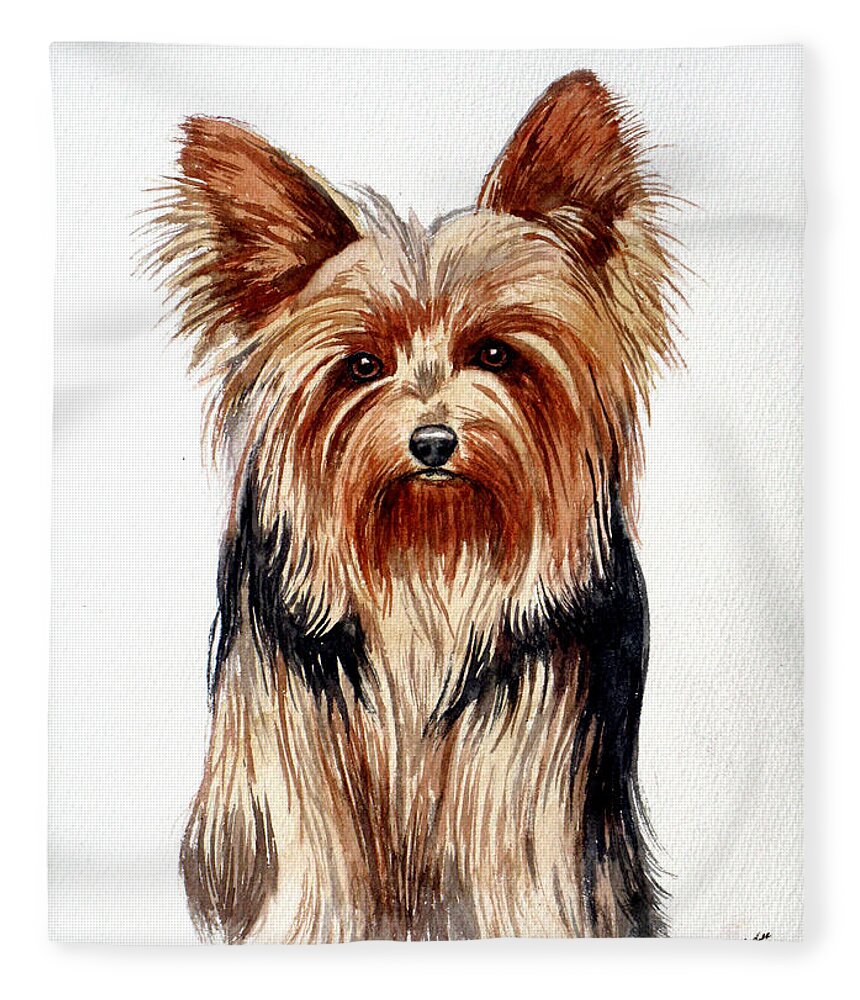 Yorkie Fleece Blanket featuring the painting Yorkie by Christopher Shellhammer