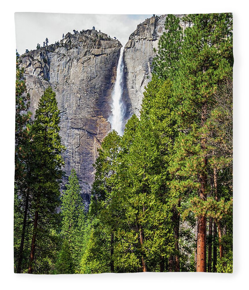 California Fleece Blanket featuring the photograph Yosemite Falls with pine trees by Roslyn Wilkins