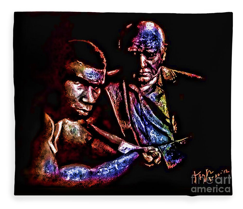Young Boxer Fleece Blanket featuring the drawing Young Boxer And Soon To Be World Champion Mike Tyson and Trainer Cus Damato II by Jim Fitzpatrick