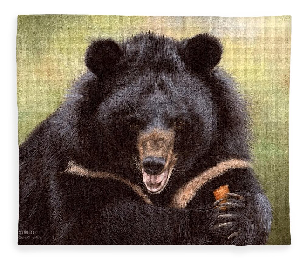 Moon Bear Fleece Blanket featuring the painting Zebedee Moon Bear - In Support of Animals Asia by Rachel Stribbling