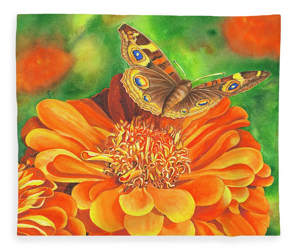 Zinnia With Butterfly Fleece Blanket featuring the painting Zinnia Runway by Lori Taylor