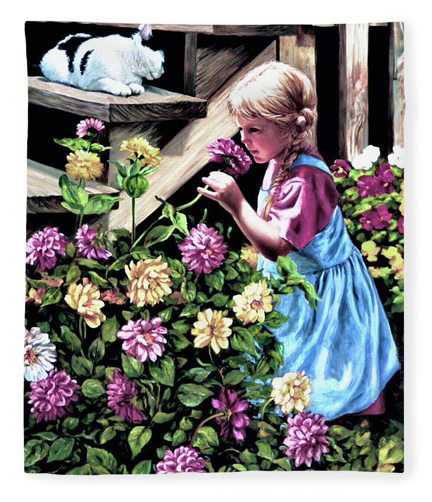 Zinnias Fleece Blanket featuring the painting Zinnias and Elizabeth by Marie Witte