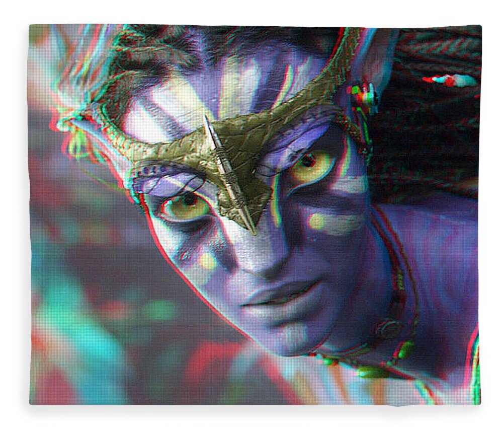 3d Fleece Blanket featuring the photograph Zoe Saldana - Neytiri - Use Red and Cyan 3D glasses by Brian Wallace