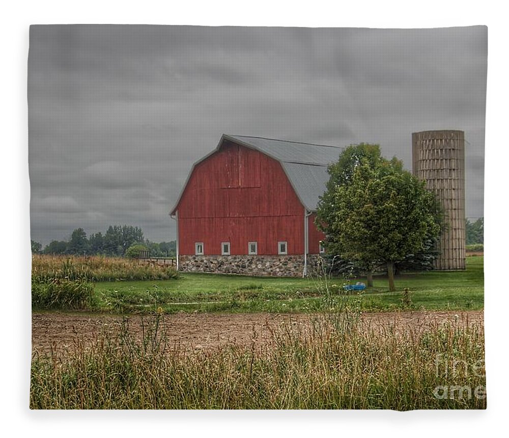 Barn Fleece Blanket featuring the photograph 0343 - Clifford Road Red II and Silo by Sheryl L Sutter