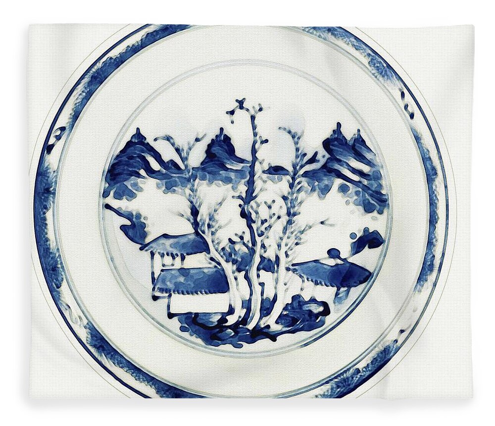 Pottery Fleece Blanket featuring the painting A BLUE AND WHITE MASTER OF THE ROCKS DISH watercolor by Ahmet Asar #1 by Celestial Images