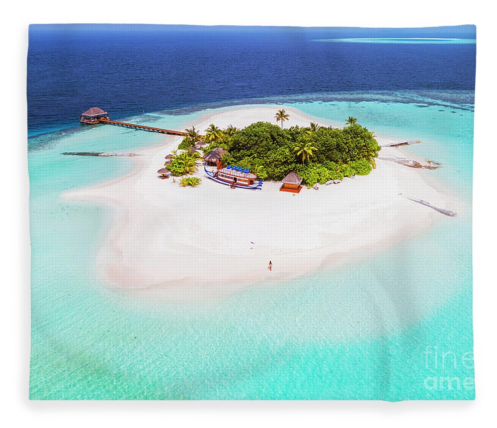 Island Fleece Blanket featuring the photograph Aerial drone view of a tropical island, Maldives #1 by Matteo Colombo
