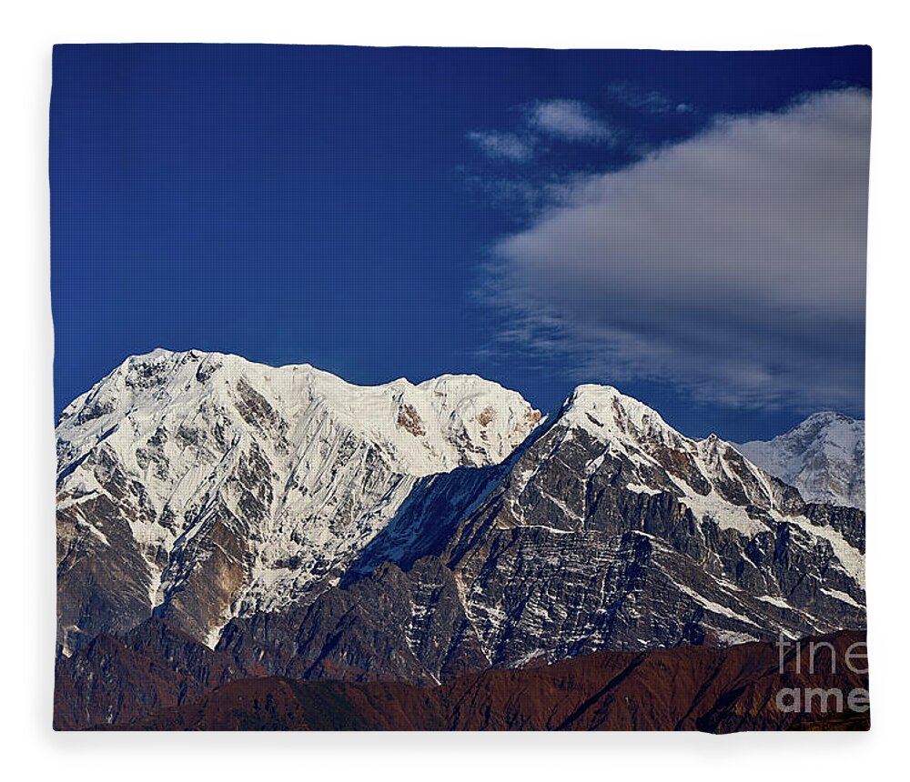 India Fleece Blanket featuring the photograph Annapurna South Peak and pass in the Himalaya mountains, Annapurna region, Nepal #1 by Raimond Klavins