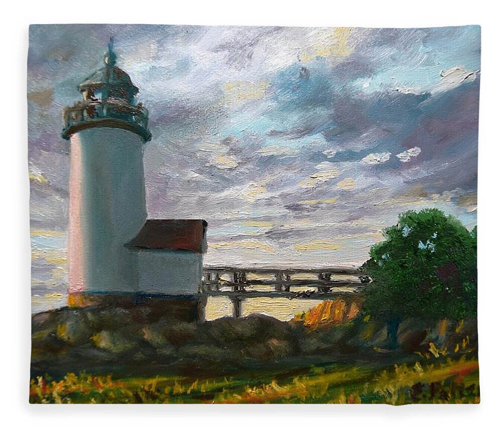 Cape Ann Fleece Blanket featuring the painting Annisquam Light by Eileen Patten Oliver