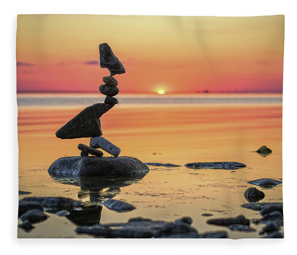 Meditation Zen Yoga Mindfulness Stones Nature Land Art Balancing Sweden Fleece Blanket featuring the photograph Balancing art #6-2 by Pontus Jansson